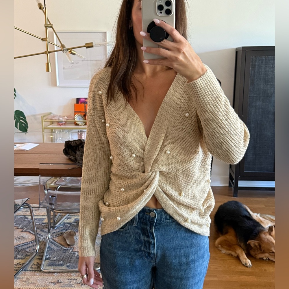 Vero Moda Beige Knit Cardigan with Pearl Details